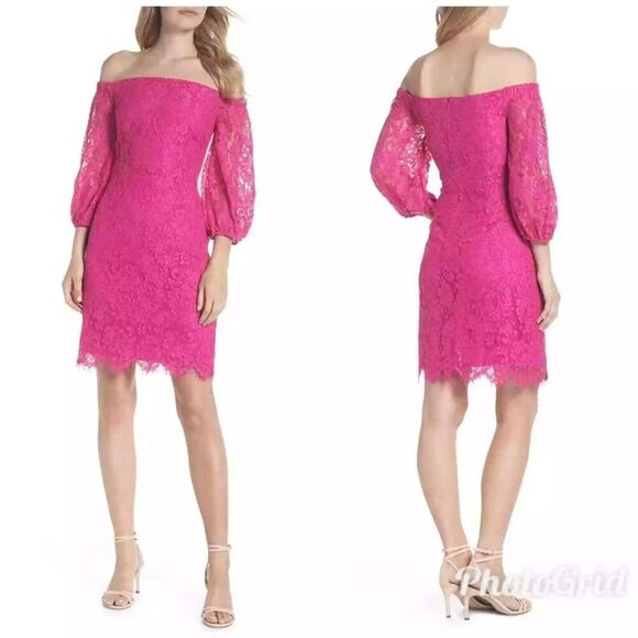 Trina Turk Azul Off The Shoulder Lace Dress in Brilliant Fushia Women's Size 12 - Picture 1 of 11